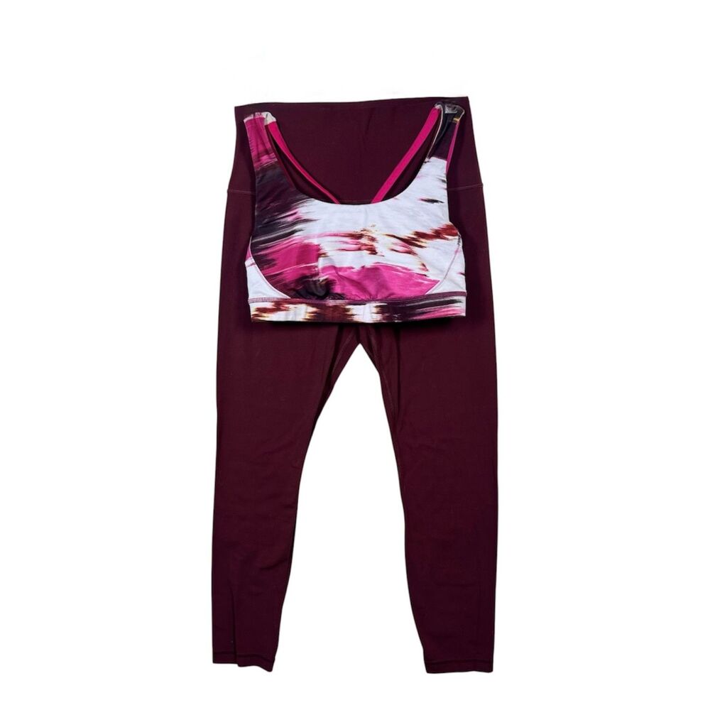 Lululemon 2 Piece Set Leggings Strappy Sports Bra Burgundy Abstract Size S/M
